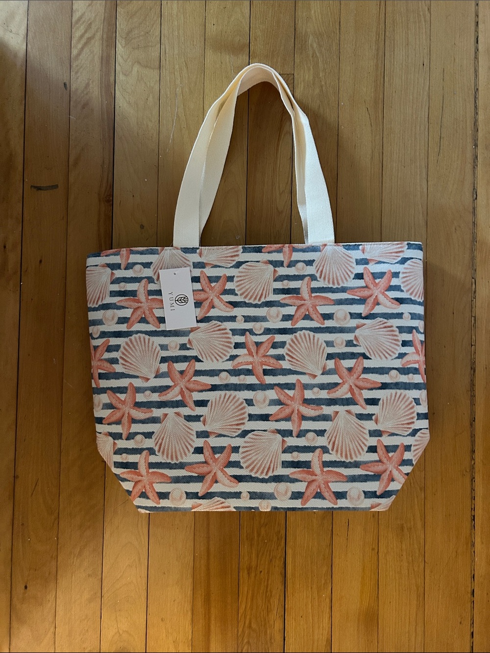 Canvas Beach Tote with Coral Shell and Starfish Pattern